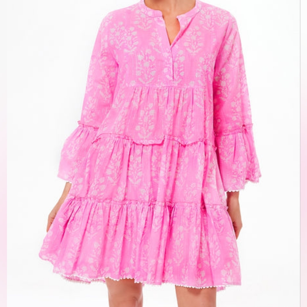 Juliet Dunn London Dress L Exclusive Orchid Small Flower Lurex Flared Sleeve